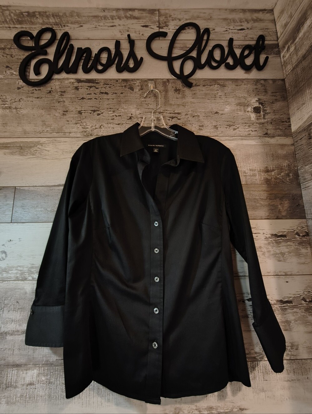 Banana Republic Woman M Black Stretch Button-Down Shirt Long Sleeve Career Y2K